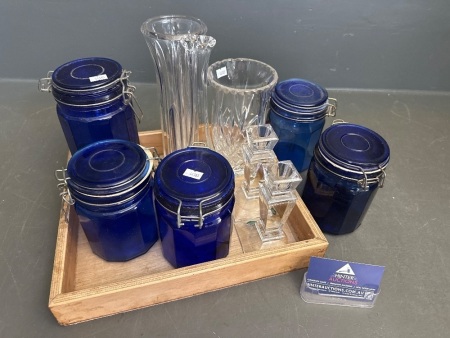 Lot of Crystal, Glassware + Blue Glass Jars