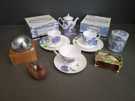 Misc Decorator Lot - Incs Hand Painted by Beverly Stubby Trinket Box, Ashdene China, 2 Agapanthus Boxed Trio Sets