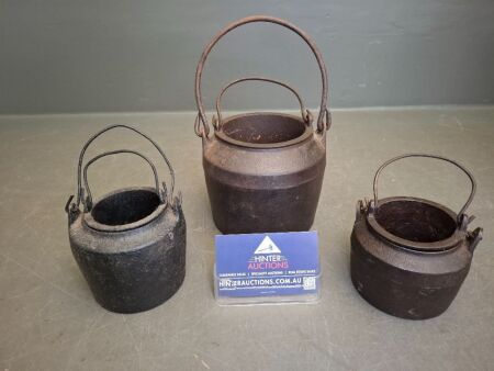 3 Various Sized Antique Cast Iron Glue Pots