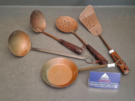 5 Vintage Copper Kitchen Utensils - 2 Stamped Soho Foundry Sovereign Hill Ballarat Australia