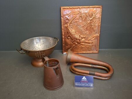 Mixed Vintage Copper Items - Incs Strainer, Trumpet, Pint Jug & Wall Art