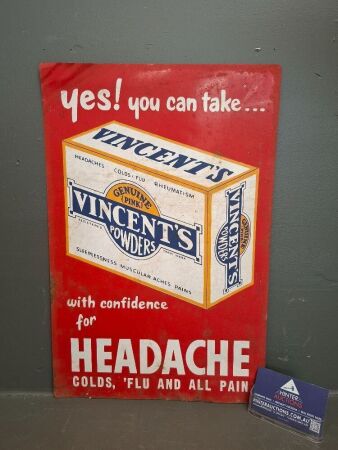 Vincents Genuine Pink Powders Medicine Metal Advertising Sign