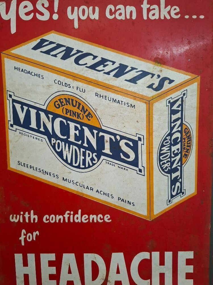 Vincents Genuine Pink Powders Medicine Metal Advertising Sign