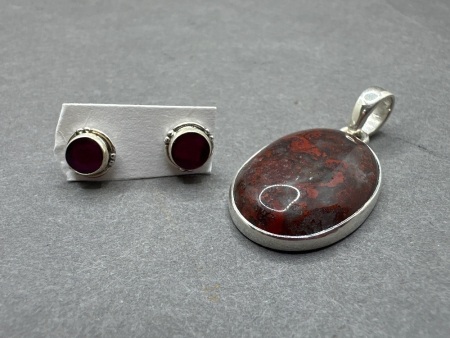 Earrings with Ruby Gemstones + Pendant with Fossil Dinosaur Bone Gemstone, From Madagascar - Both Stamped 925