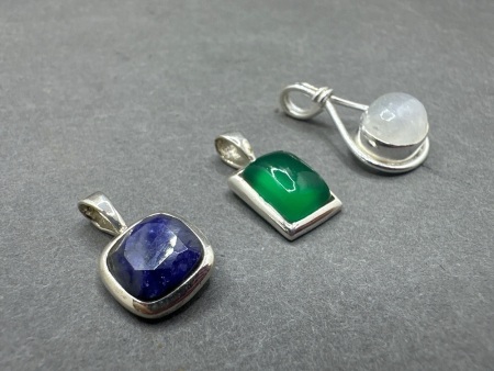 Green Onyx Gemstone Pendant, Sapphire Gemstone Pendant & Moonstone Gemstone Pendant - All Marked 925