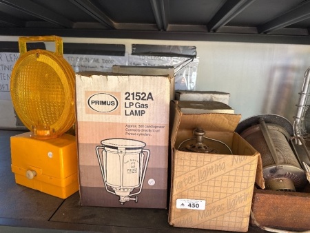 LP gas lamp heads with some warning signal lanterns