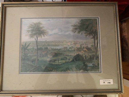 Framed Vintage Coloured Lithograph of Early Brisbane