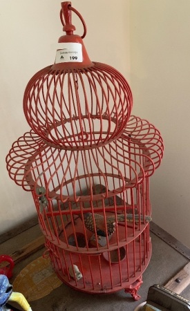 Vintage Red Painted Wire Bird Cage with Cast Iron Feet