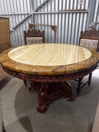 Vintage Round Table with Carving Details Perspex type material & Marble Look Top