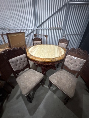 Set of 4 Antique Wooden & Upholstered Dining Chairs