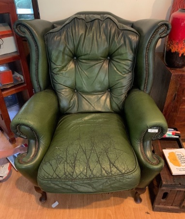 Vintage Green Leather Wingback Chesterfield Armchair - Seat in 'Well Sat On' Condition