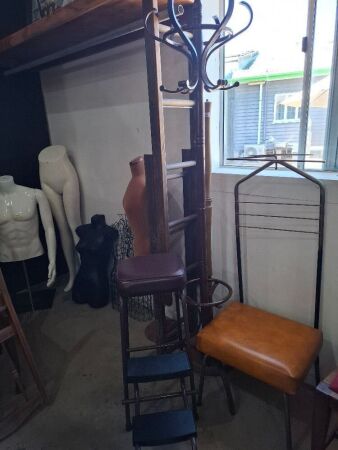 Mixed Vintage Furniture Lot - Inc Coat/Hat Rack - Vintage Gentleman's Valet Stand - Upholstered Leather Step Stool Chair