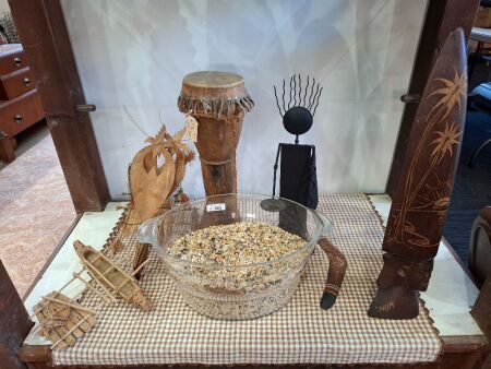 Lot of Tribal Pieces - Incs African Drum & Wooden Sail Boat