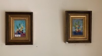 Pair of Framed Enamel Tiles of Flowers