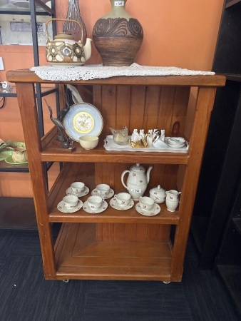 Wooden Square Shelf on Castors contents not inc.