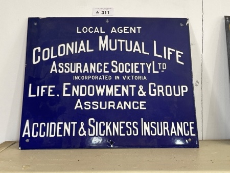 Local Agent Colonial Mutual Life Assurance Society Ltd Victoria Enamel Sign