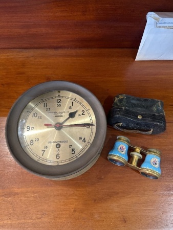 Chelsea Clock Co Boston, US Government Brass Ships Clock & Ceramic/Brass Binoculars