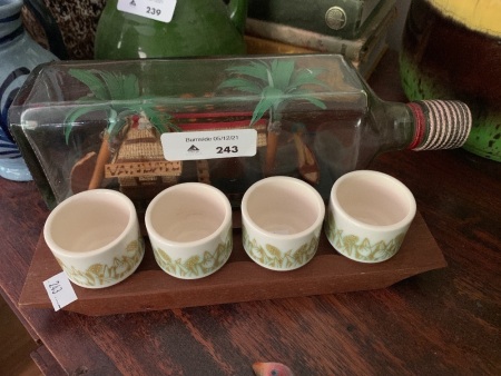 Mid Century Japanese Sake Cups on Teak Base + Kitsch Beach House in Bottle