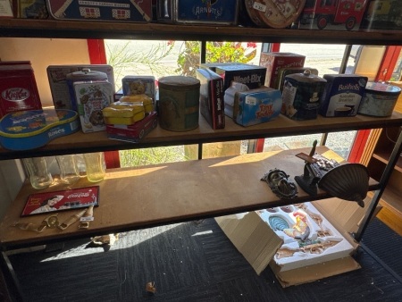 Large Lot of Vintage Tins bottom shelf (choice lots 320 - 322)