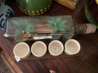 Mid Century Japanese Sake Cups on Teak Base + Kitsch Beach House in Bottle - 2