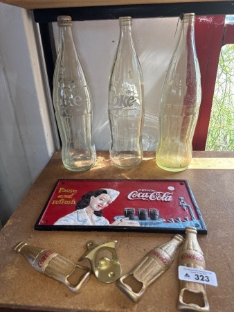 Coca Cola Repo Cast Iron Sign & Bottle Openers + 3 Coca Cola Bottles
