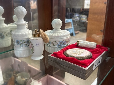 Porcelaine De Paris France Ceramics & Vintage Motor of Pearl and Gold Tone Compact and Lipstick Holder Set in Box