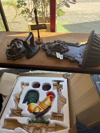 Cast Iron Lot, Incs Water Trough, Door Knocker & Rooster Weathervane