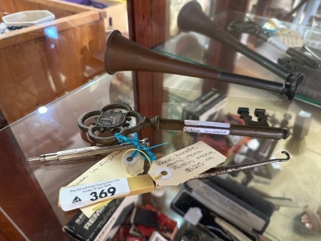 Antique Souvenir Skeleton Key, Copper & Brass Fox Horn & Vintage 1927 AMP Society Silver-plate Pencil (made in eng)