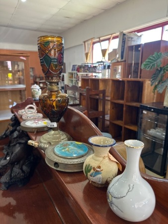 Mixed Vintage Decorator Lot - Incs Glass Kerosene Lantern & Italian Pottery Jewellery Tray