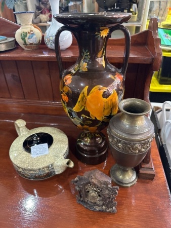 Royal Doulton Art Deco Crackle Teapot, Brass Vase & Vintage Amphora Style Vase