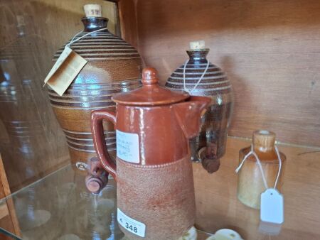 2 Vintage Bendigo Pottery Wine Barrels + Teapot, Incs Stoneware Inkwell