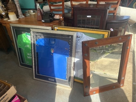 3 Framed Shirts, 1 Signed + Mirror