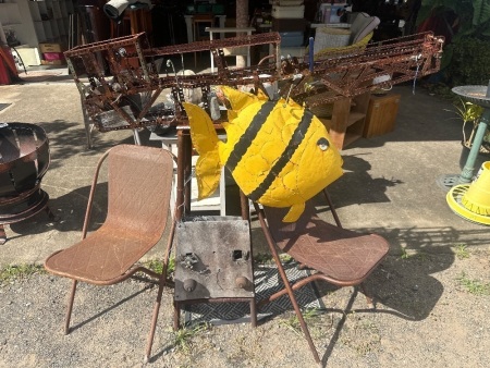 Metal Abstract Garden Art + 2 Metal Chairs