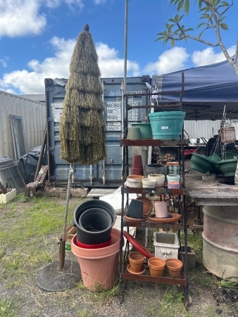 Assortment of Garden Pots on Metal Shelf, Incs Hawaiian Style Umberella on Stand