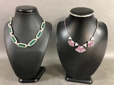 2 Vintage Crystal Diamante Necklaces - as is - c1930's - 1 Green & White Choker, 1 Pink & White Necklace