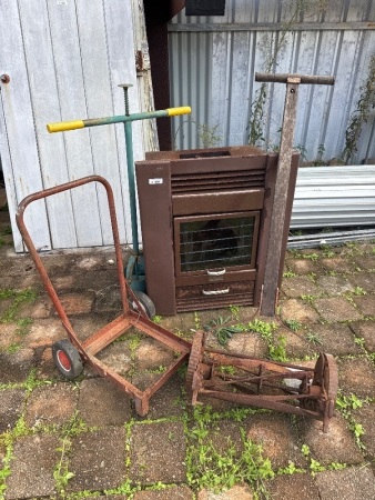 Vintage Winderheat Fire Place, vintage hand mower, hole digger & trolley