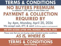 TERMS & CONDITIONS: NO BUYERS PREMIUM (A 1.65% fee applies to online bidders) | PAYMENT & COLLECTION REQUIRED by 4pm, Monday, April 20, 2026 - We accept cash, EFT, card (2.2% fee applies to card payments) | COLLECTION IS FROM ONSITE ONLY (17A Factory St,