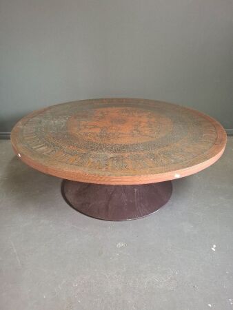 VAD Trevair Mid-Century Round Norwegian Coffee Table with Stamped or Pressed Copper Top - App 1180D x 430H