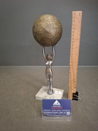 Art Deco Lady on Marble Base Holding a Globe