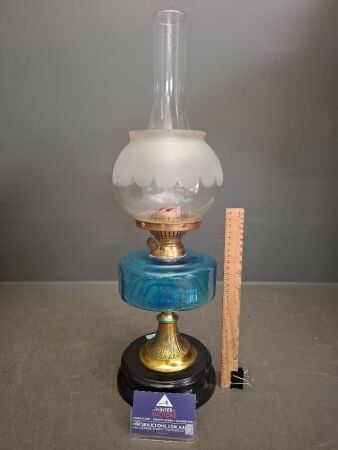 Double Burner Banquet Lamp with Blue Glass Font