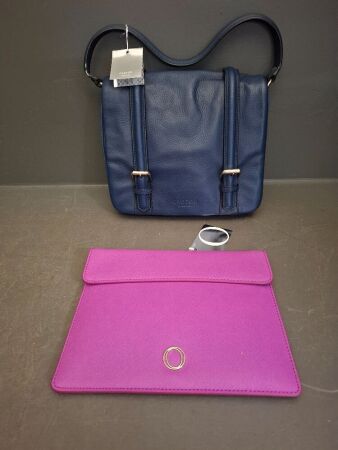 Navy marked Oroton Satchel and Berry marked Oroton Clutch with tags