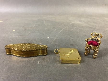 Vintage Brass Throne Pin Cushion, Needle Box & Stamps Pendant