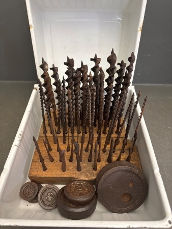 Assortment of Vintage Drill Bits & Weights in Enamel Storage Container