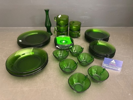 Assortment of Dark Green Glass Plates, Saucers & Cups
