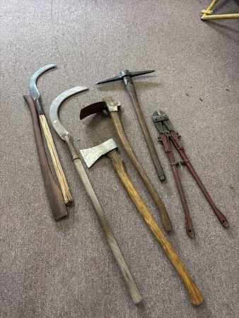 Lot of Tools in Plastic Drum inc Adze, Sickles & heavy duty cutters