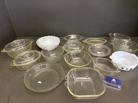 Assortment of Clear & Milk Glass Dishes and Bowls, Some with Lids, Some Marked