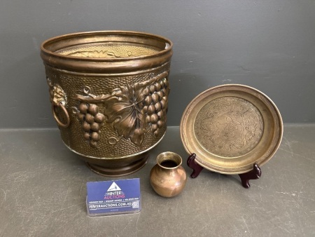 Vintage Brass Lot, Incs Embossed Brass Planter with Lion Head Handles