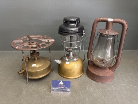 2 Vintage Lanterns + Companion Brass Camping Stove