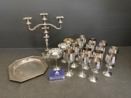 Lot of EPNS & Silver Look Ware - Incs Candle Holder & Wine/Port Goblets