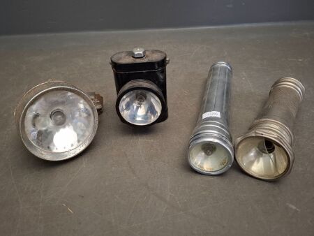 2 Vintage Metal Flash Lights & 2 Vintage Bicycle Lamps